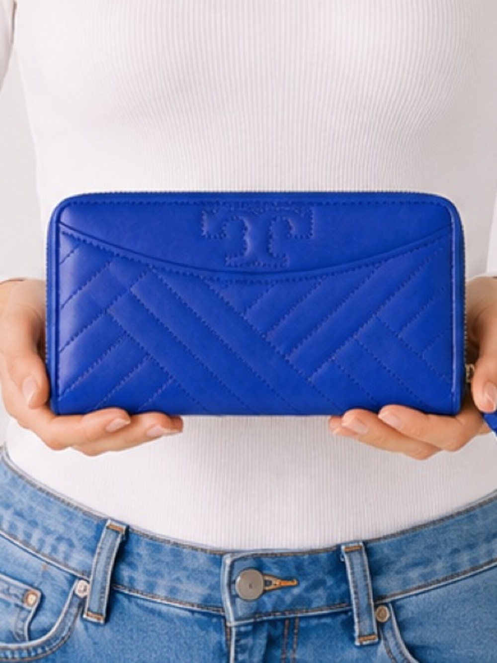 Tory Burch Cobalt Quilted Zip Wallet with Wrist Strap